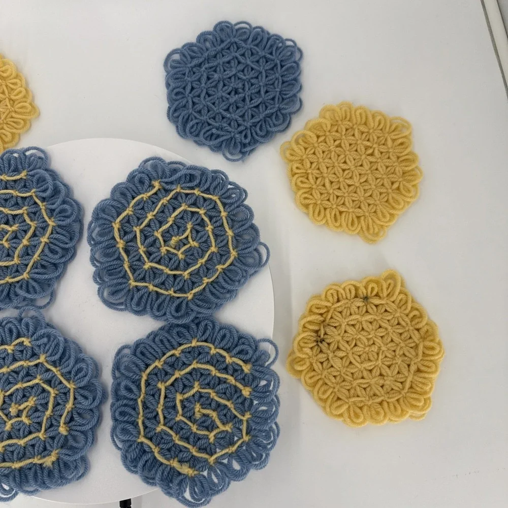 Vtg Handmade Loom Crochet Coasters-4 Blue/Yellow-1 Blue-4 Yellow-1 Yellow/White‎